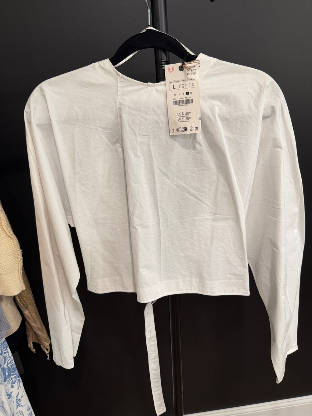 Zara White Long-Sleeve Cropped Top with Back Tie